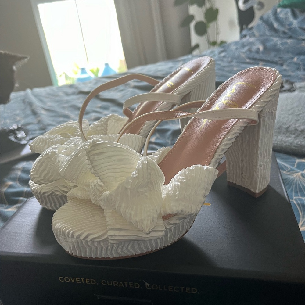 Lulus White Bow Platform Ankle Strap Heels